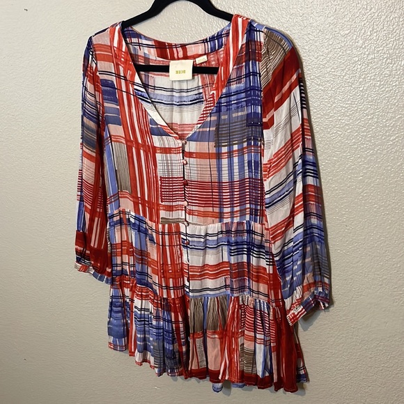 Anthropologie Maeve Plaid Button Down Ruffle Top | Red, White & Blue | Size M - Picture 3 of 8